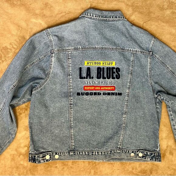 Y2K LA Blues Denim Jacket with Patches SZ XL - Picture 3 of 3